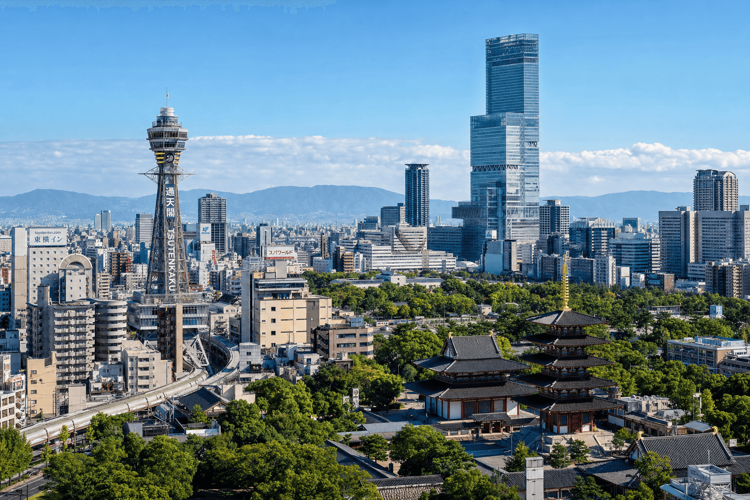 Tennoji city view with Tsutenkaku Tower and Abeno Harukas skyline in Osaka
