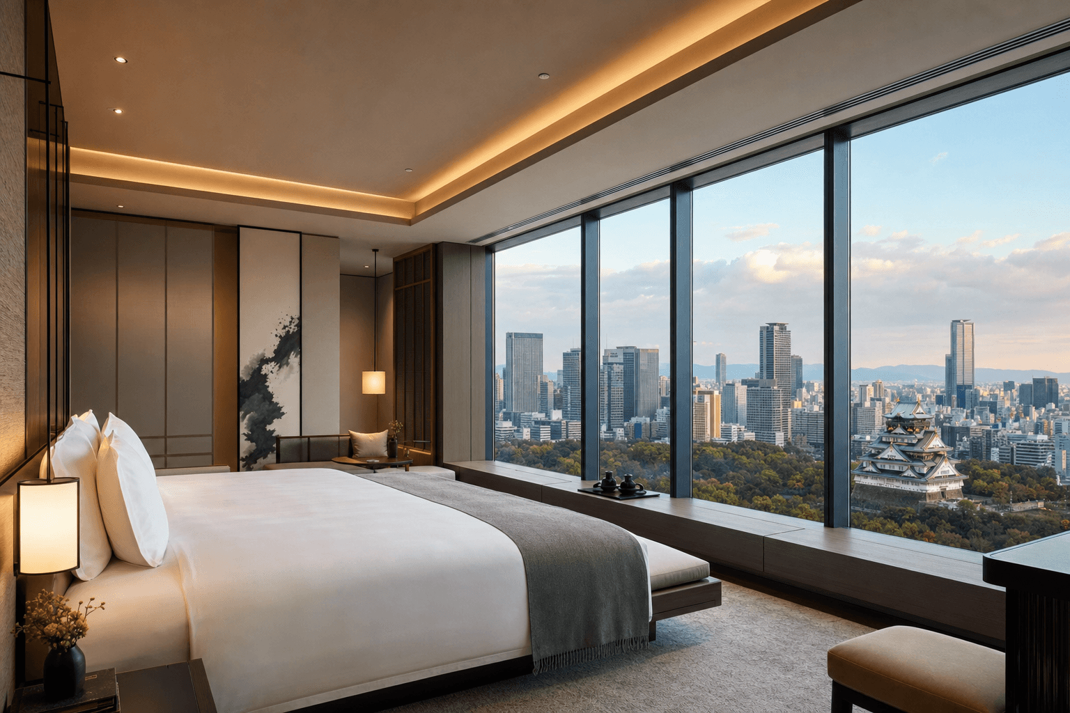 Modern Osaka hotel interior with city skyline views through panoramic windows