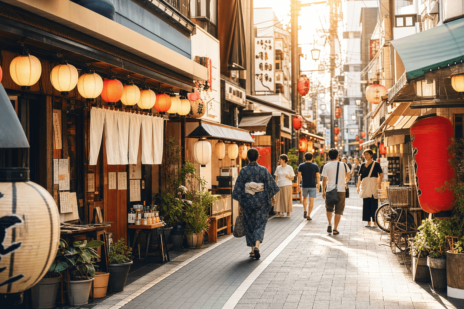 Bright welcoming Osaka street scene in warm daylight with lanterns and family-run eateries
