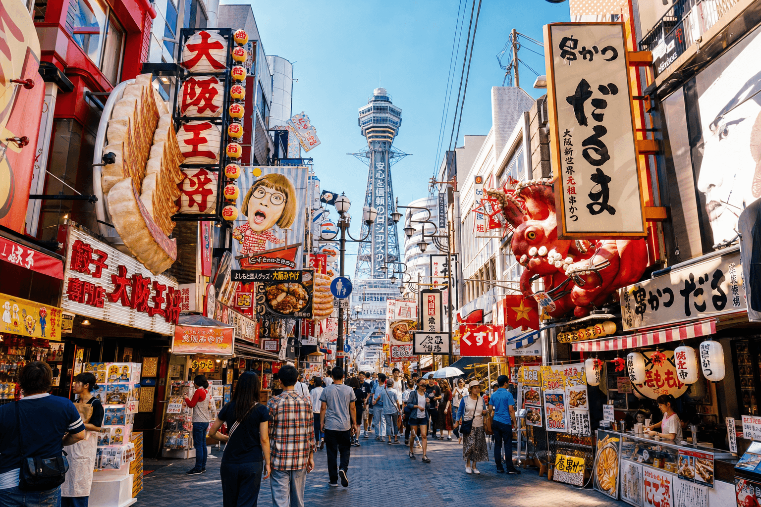 Bright daytime Osaka shopping street with local food stalls and street life