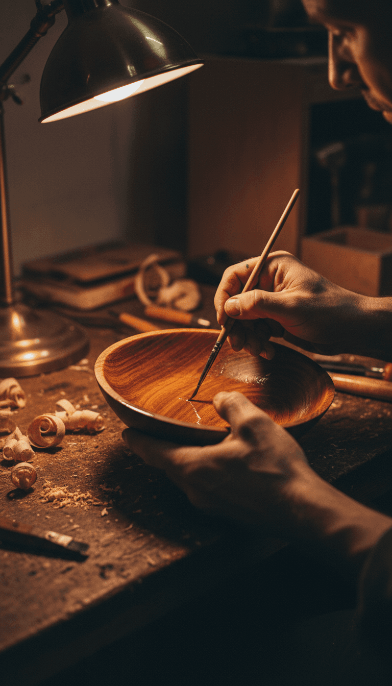 Craftsman applying lacquer to a wooden bowl in a workshop