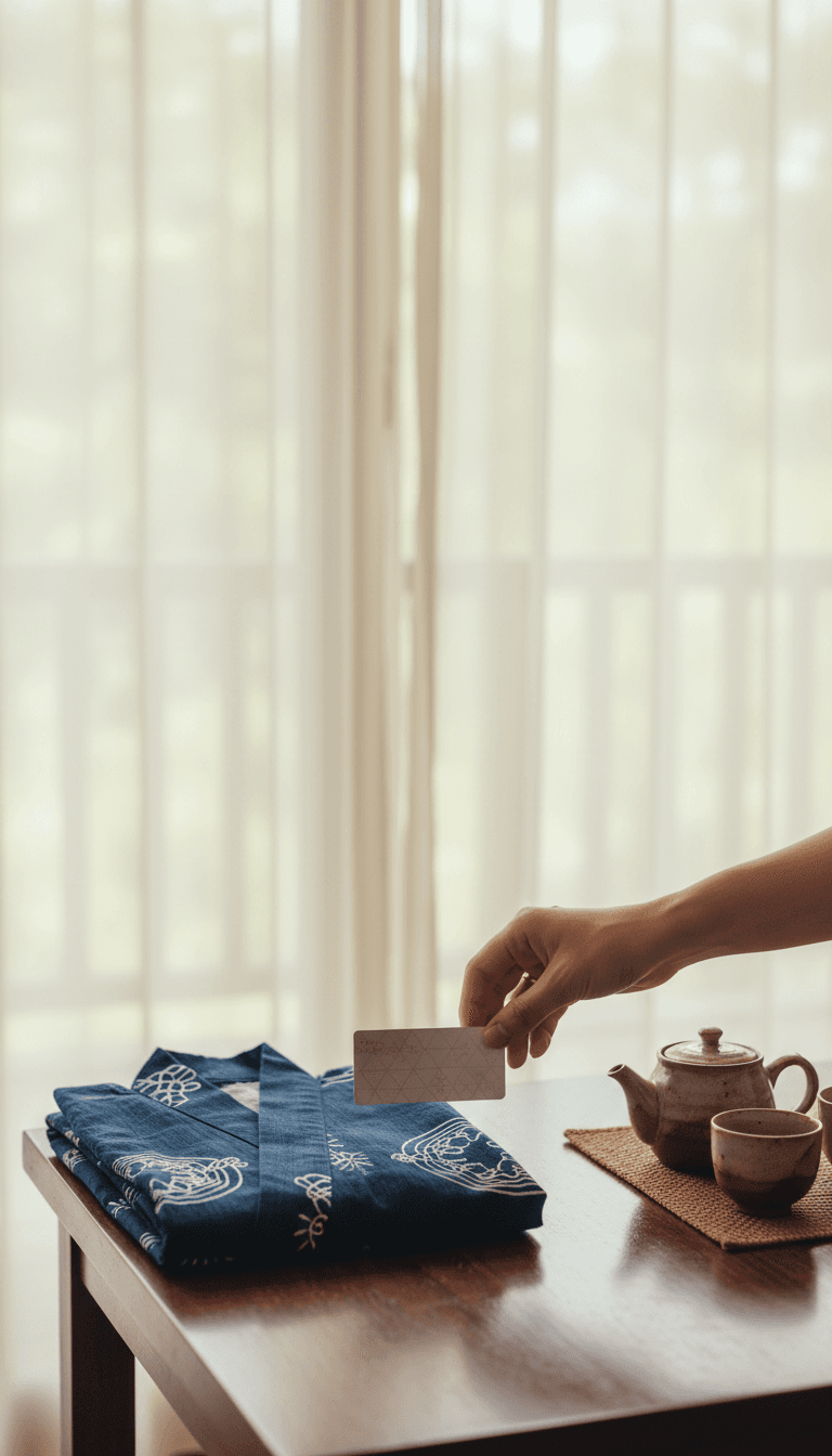 Guest placing room key card on wooden entry table with yukata robe nearby