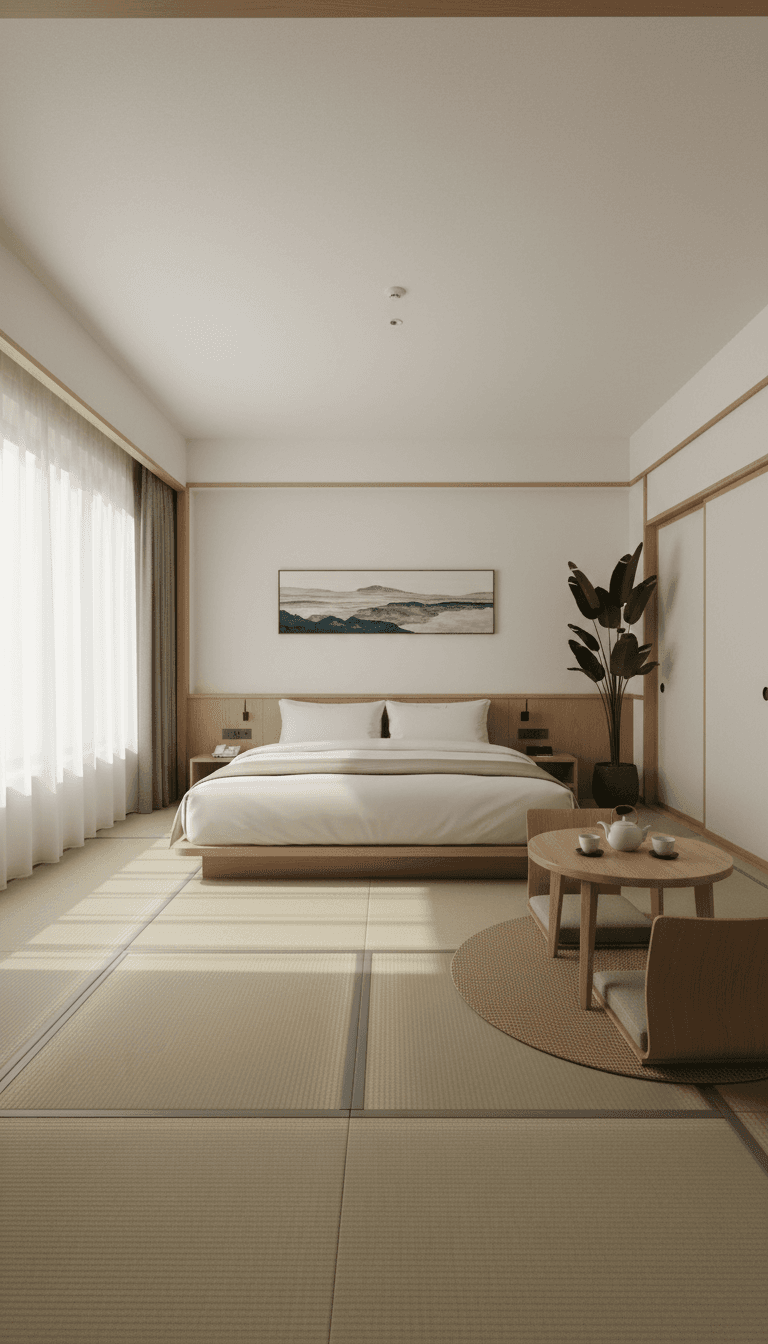 Tatami-lined hotel room with muted tones and soft natural light