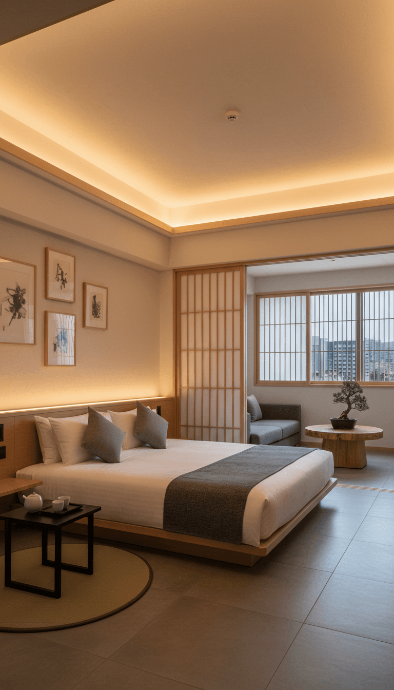 Elegant hotel room interior with warm lighting and Japanese minimalist design