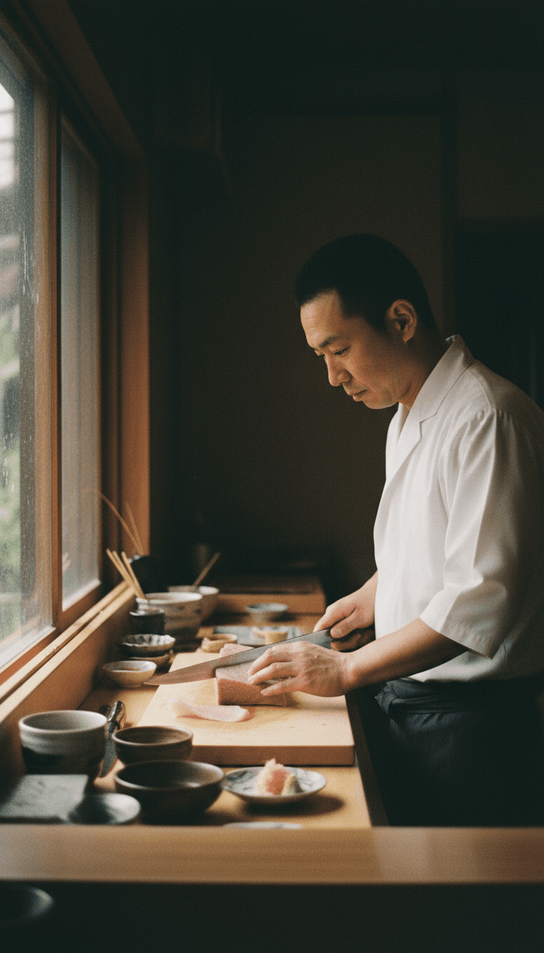 Chef slicing tuna at a sushi counter with focused precision