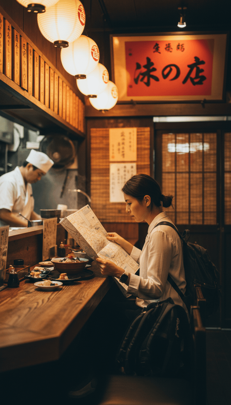 Traveler reviewing a map at a traditional Japanese counter restaurant