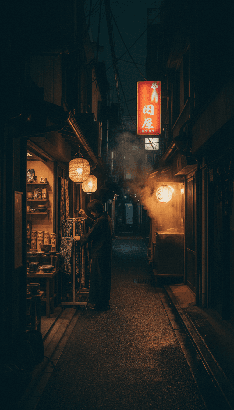Quiet alley with small shops glowing after dark