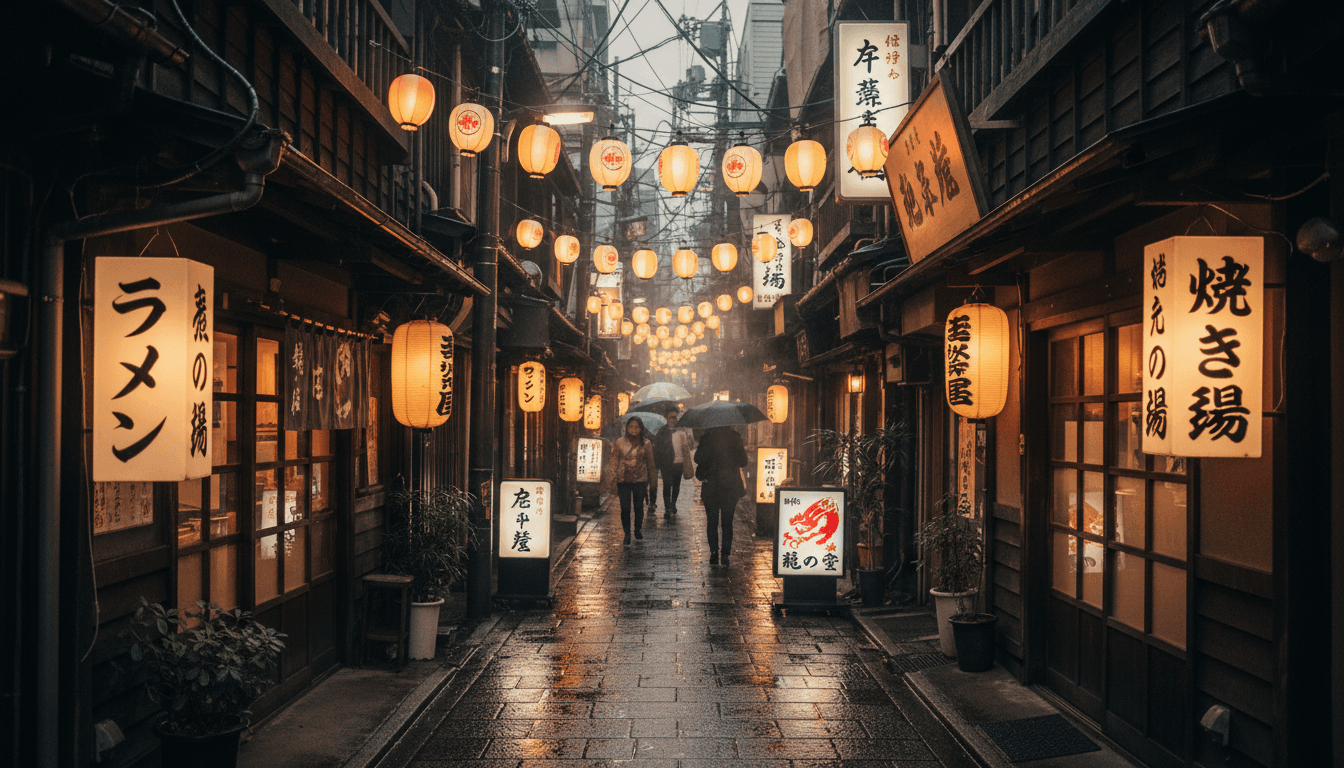 A narrow atmospheric alley in Osaka with paper lanterns and small restaurant signs glowing at dusk