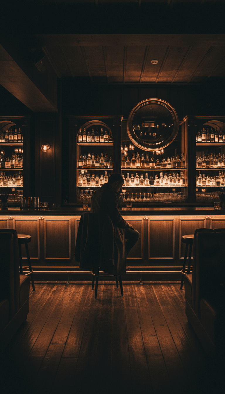 Quiet hidden bar with amber lighting and whisky shelves