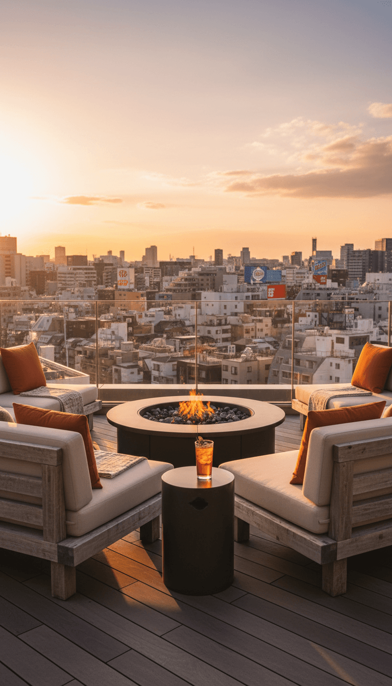 Hotel rooftop lounge with low seating overlooking Namba rooftops at golden hour