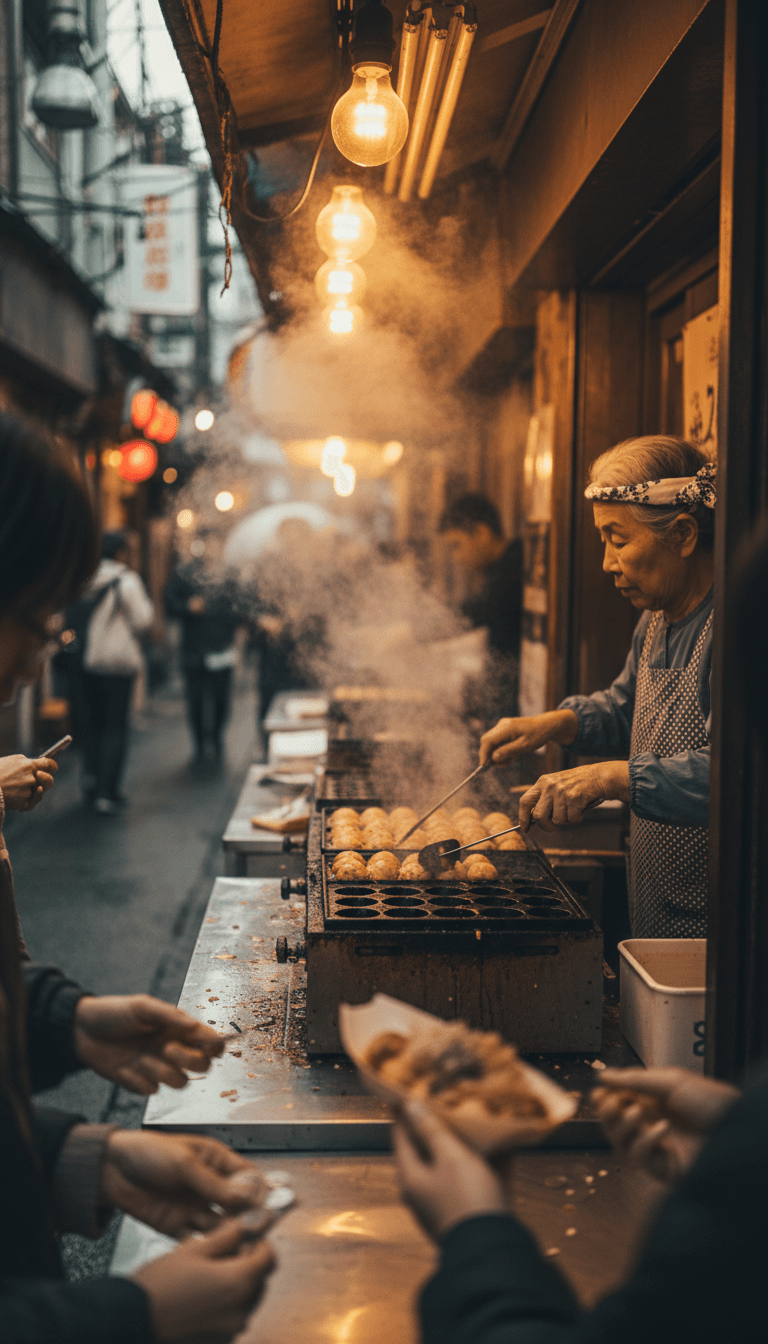 Steam rising from a takoyaki grill at a small street stall