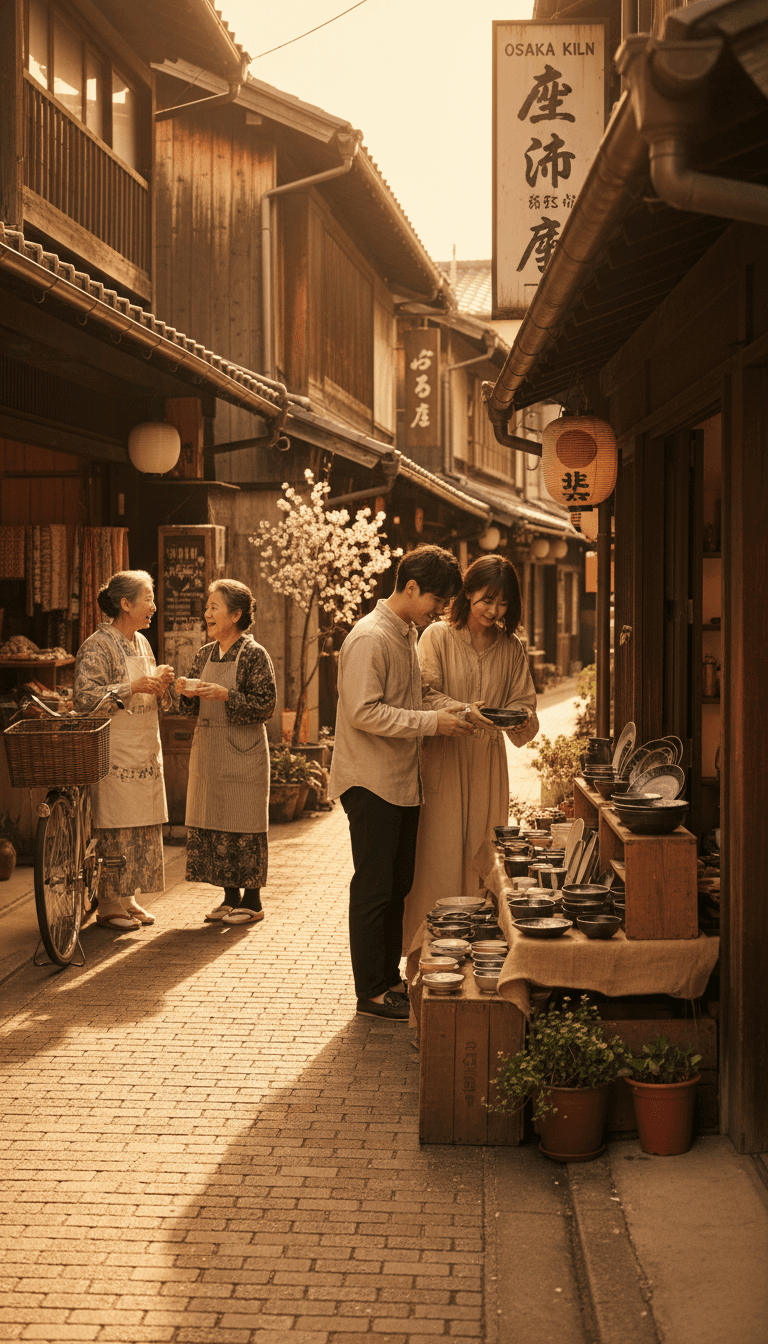 Couple browsing handmade ceramics on a quiet shopping street