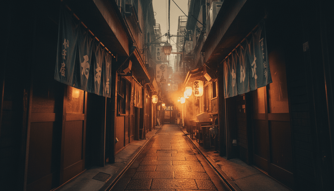 A narrow lantern-lit alley in Osaka with unmarked restaurant entrances and steam rising from a distant food stall