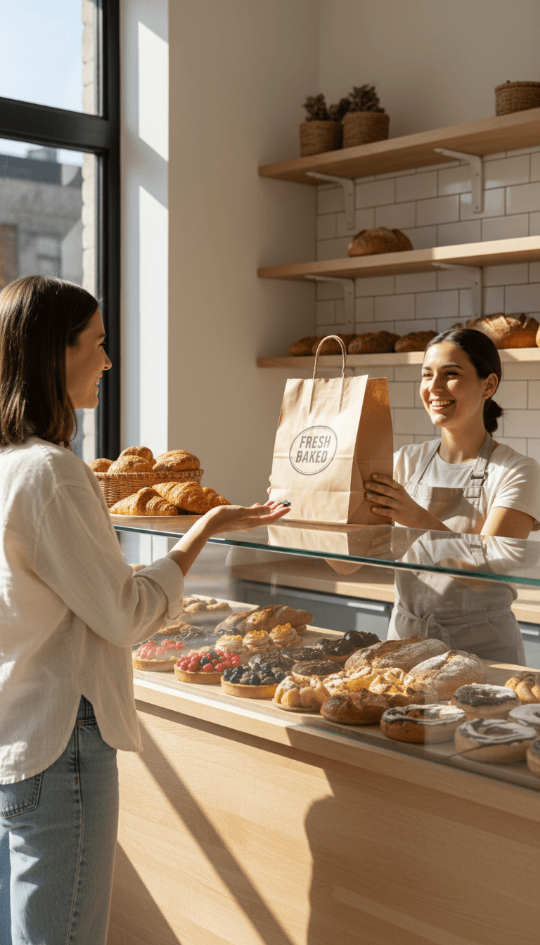 Shopper paying a bakery owner at a neighborhood shop