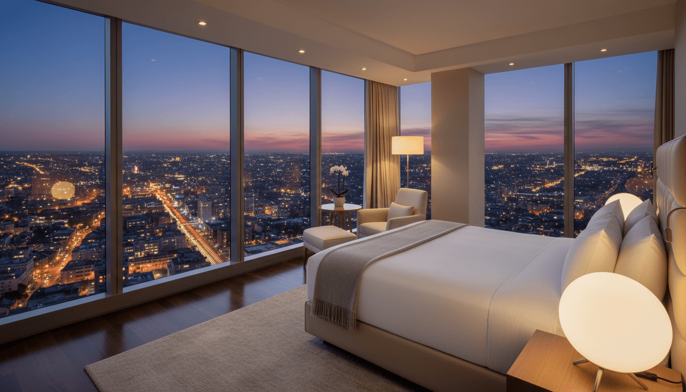 Serene hotel room with floor to ceiling windows overlooking city lights at dusk