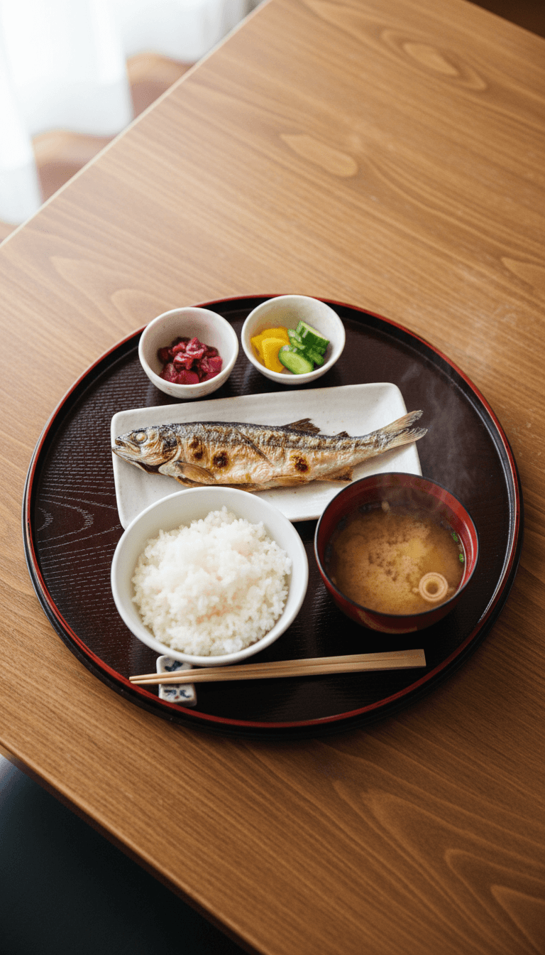 Traditional Japanese breakfast tray with grilled fish and pickled vegetables