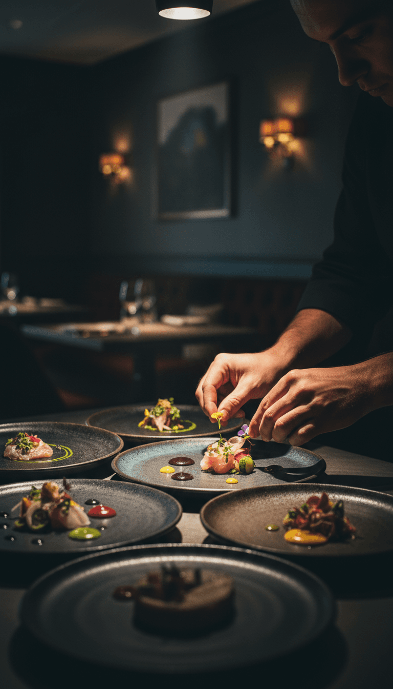Chef plating a delicate course on handmade ceramics