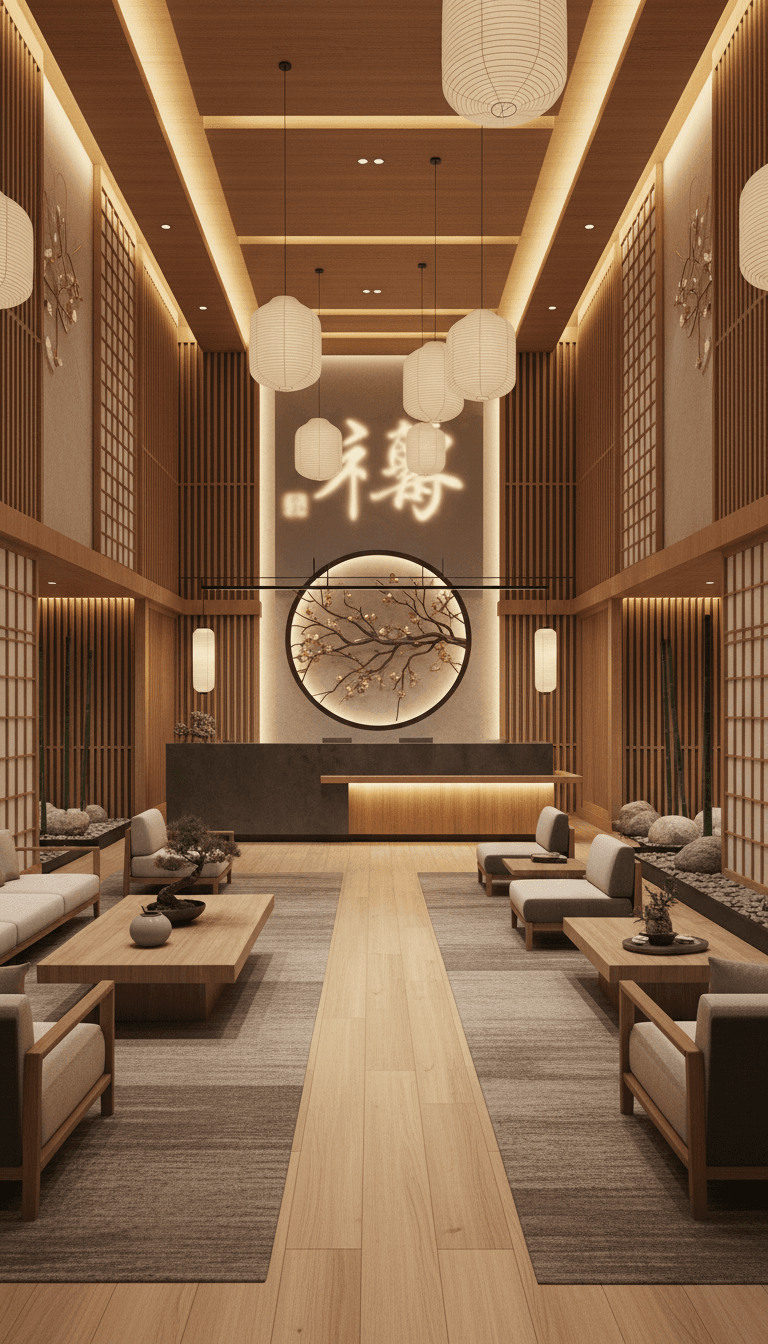 Elegant hotel lobby with warm lighting and modern Japanese design