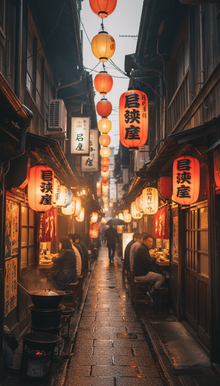 Quiet Namba alley with lantern-lit traditional bars in the evening