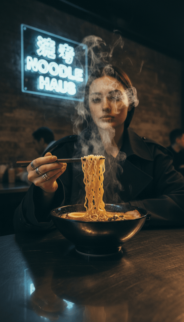 Steam rising from a bowl of ramen as noodles are lifted