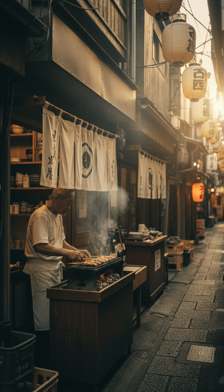 Quiet Osaka alley with a charcoal grill and steam rising from a small restaurant