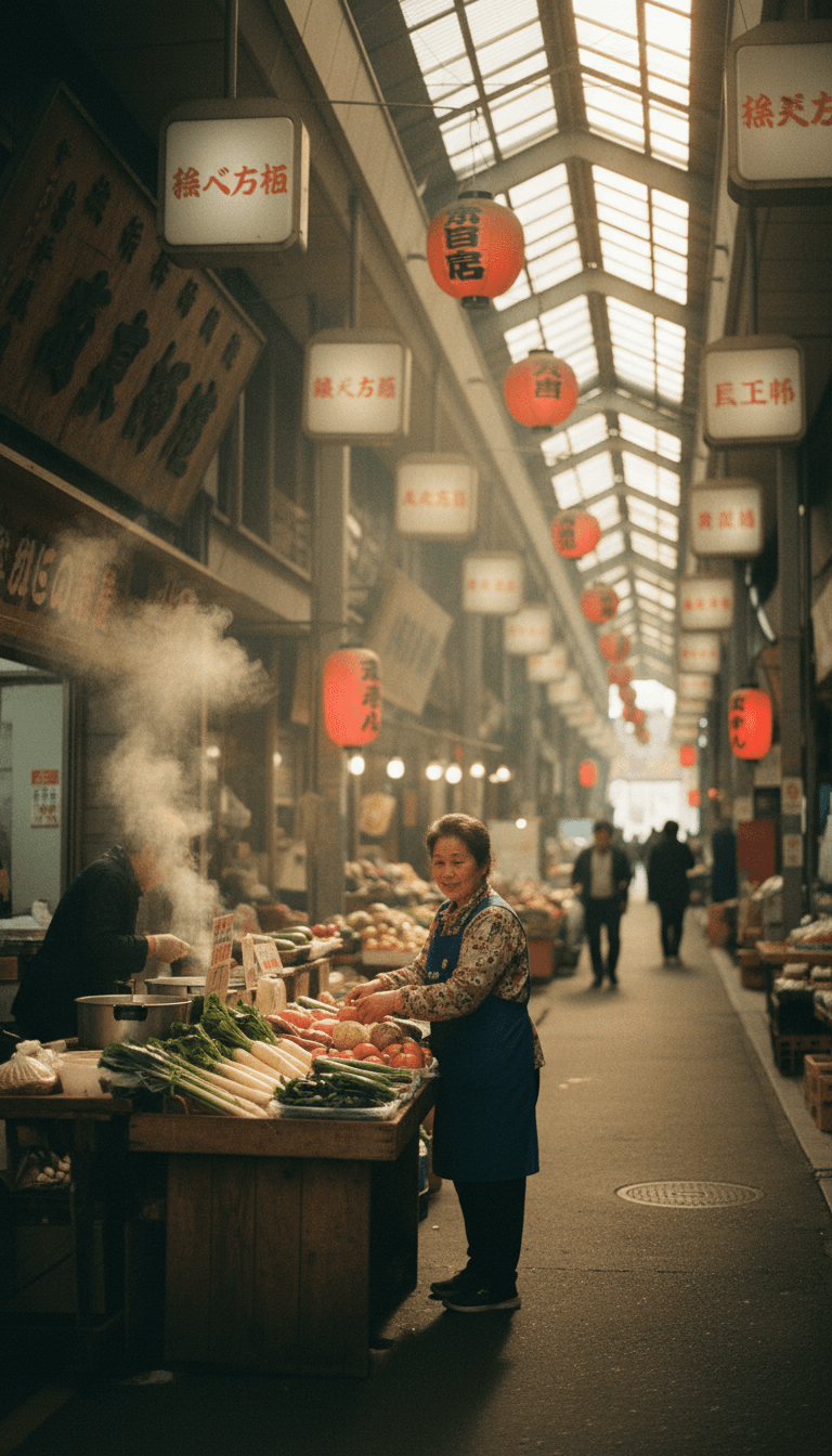 Woman arranging produce at a stall in a covered shopping arcade