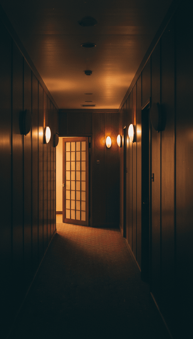 Quiet hotel corridor with warm wall sconces and shoji screen door