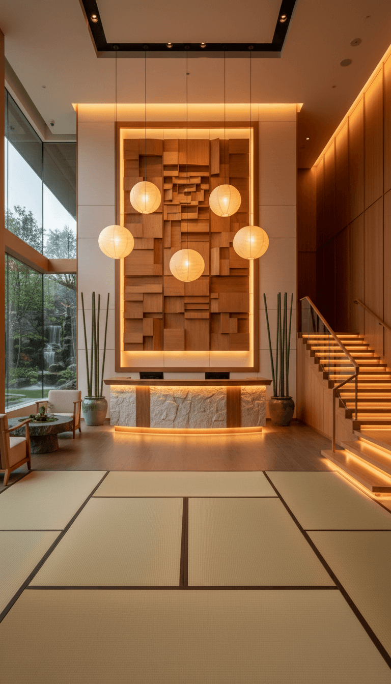 Modern hotel lobby with warm lighting and Japanese design details