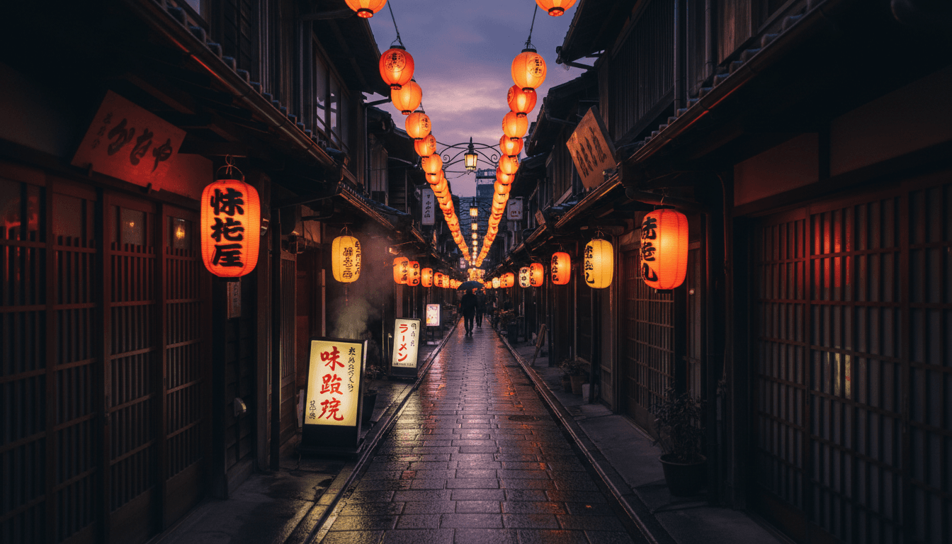 A narrow, dimly lit alleyway in Osaka with warm lanterns and shop signs glowing at dusk