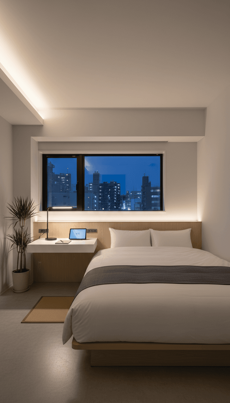 Compact hotel room with work desk in Namba, Osaka