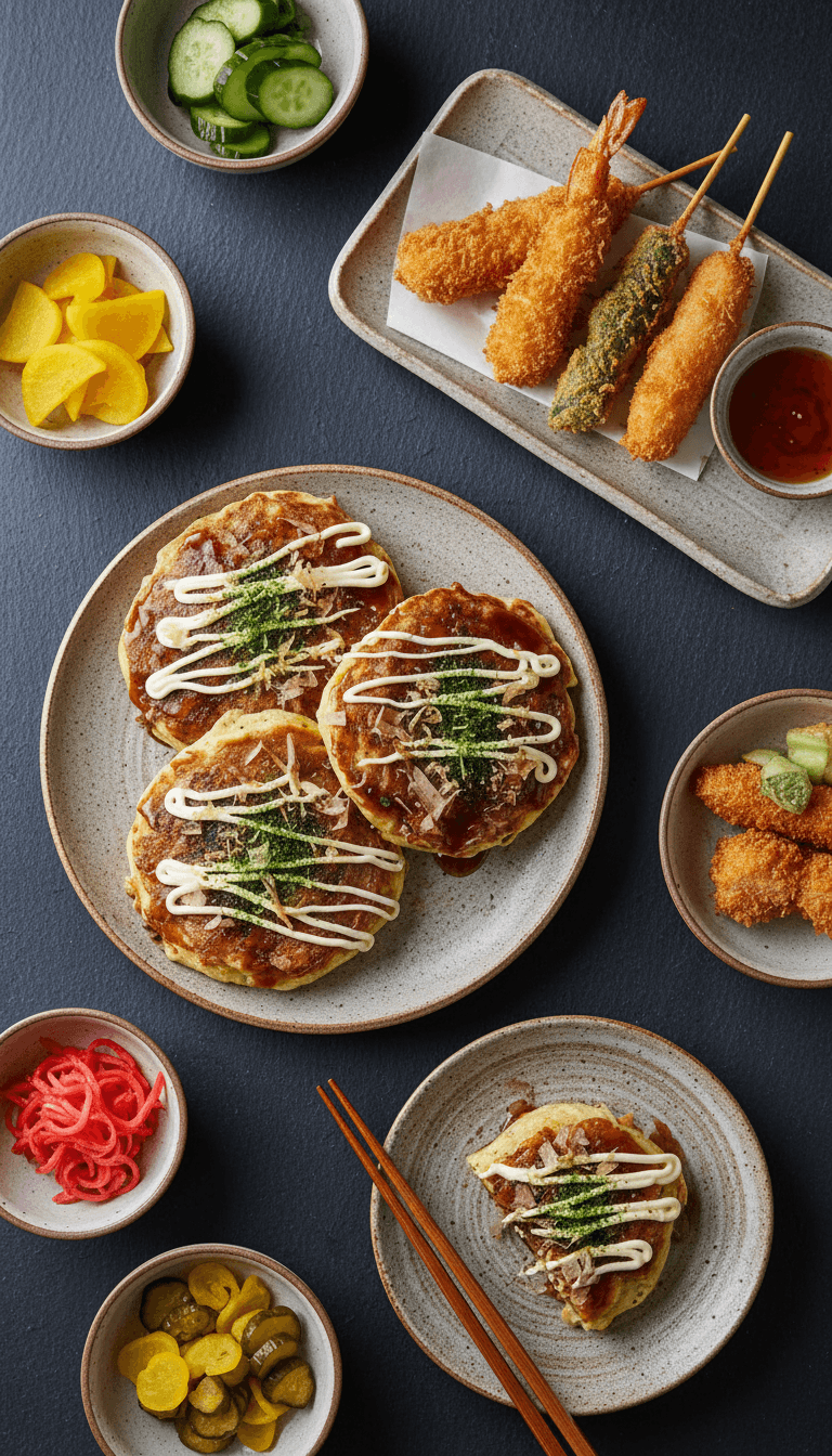 Overhead view of a table spread with Osaka street food dishes