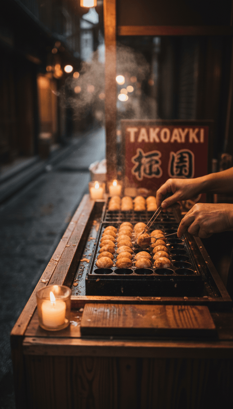 Hands flipping takoyaki on a cast iron griddle at a street stall