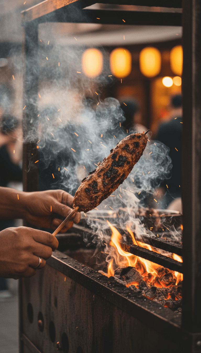 Fish cake charring over an open flame at a street stall