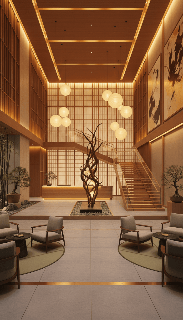 Elegant hotel lobby with warm lighting and modern Japanese design