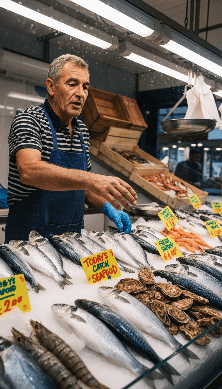 Vendor at a seafood market stall gesturing to a customer