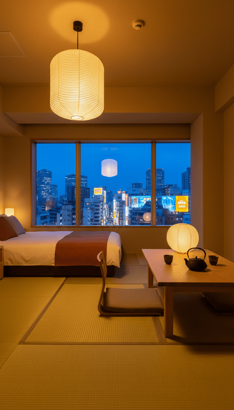 Minimalist hotel room with tatami floor and view of Namba skyline at dusk
