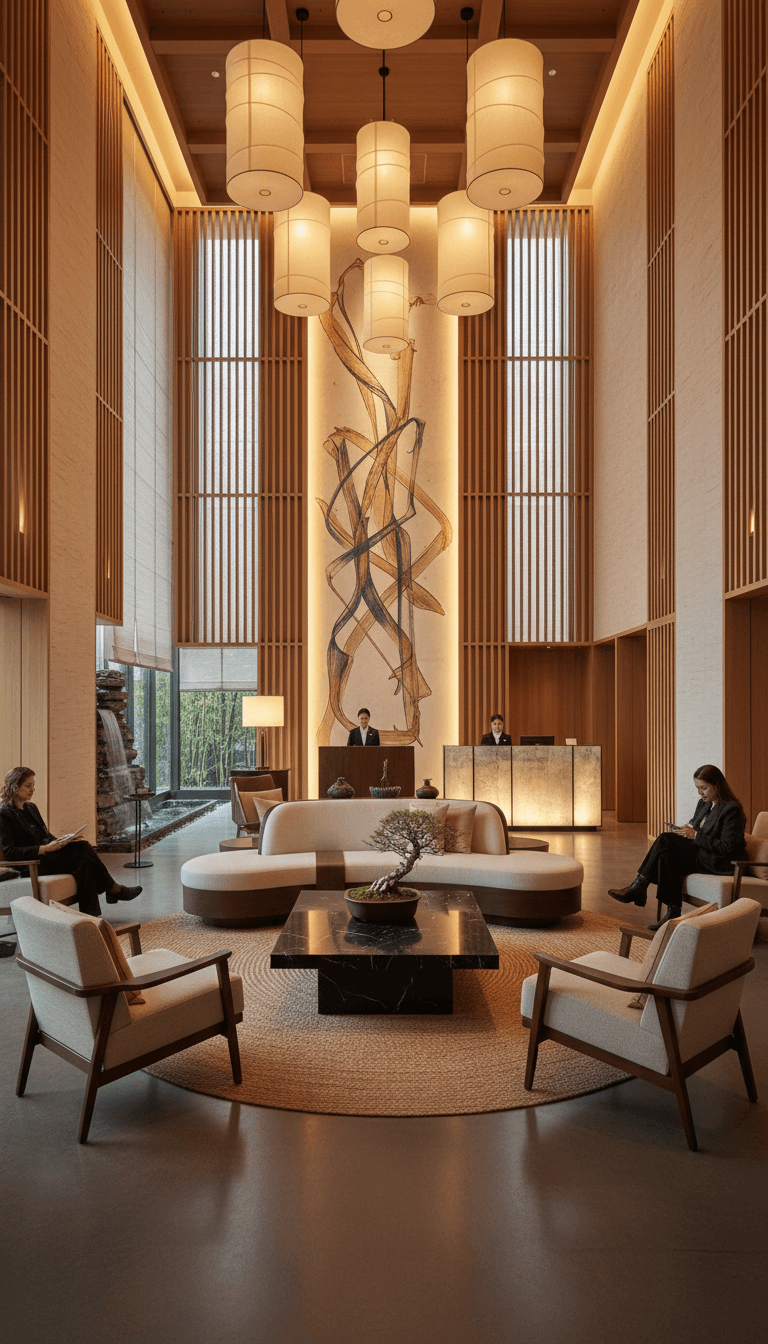 Elegant hotel lobby with warm ambient lighting and modern Japanese design