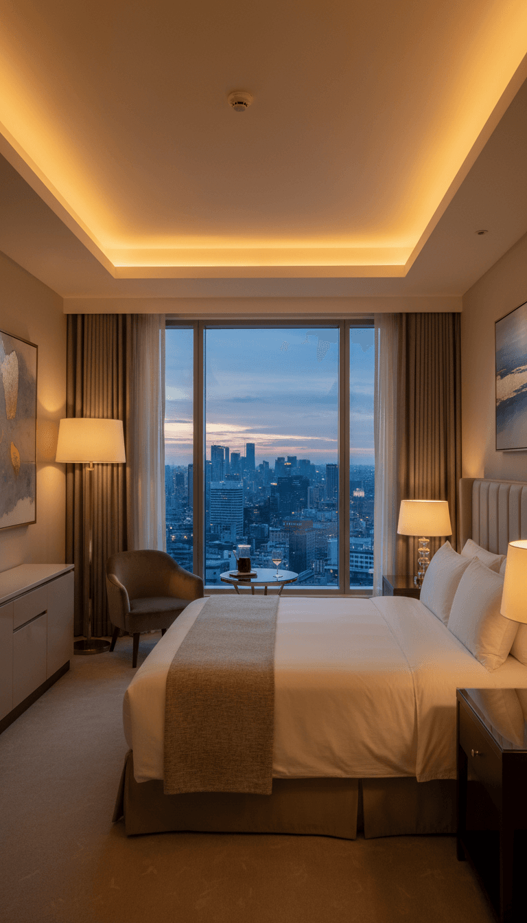Elegant hotel room with warm ambient lighting and a city view at dusk