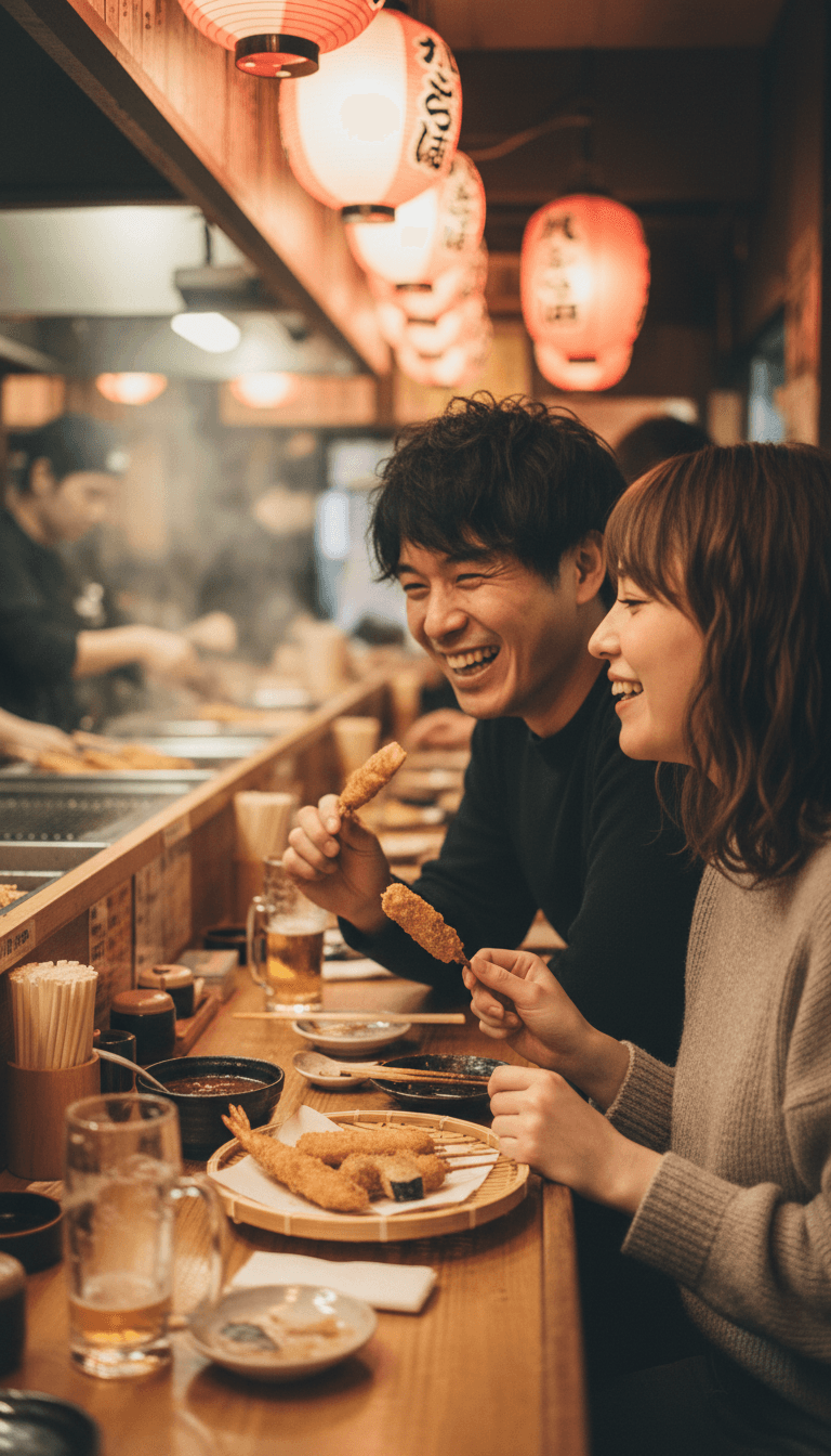 Couple sharing kushikatsu at a small counter