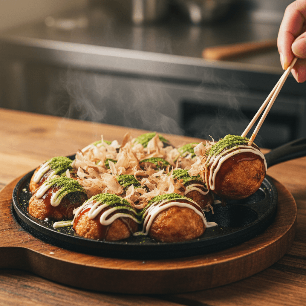 Street vendor's hands flipping takoyaki on a hot griddle at a back-alley stall