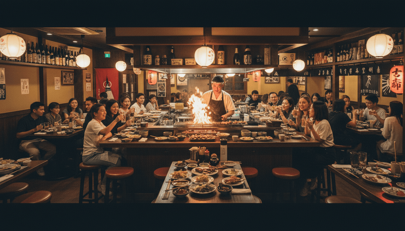 A quiet izakaya entrance glowing in a narrow night alley, steam rising from a pot